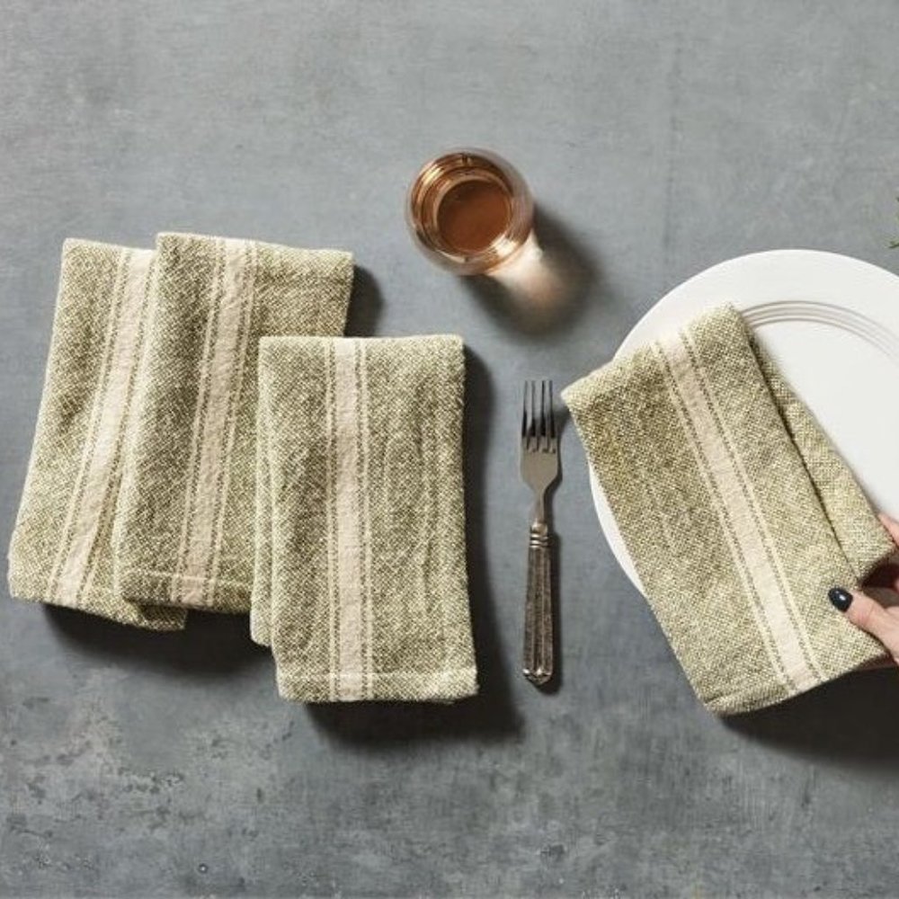 Green Striped Grainsack Napkins, Set of 4